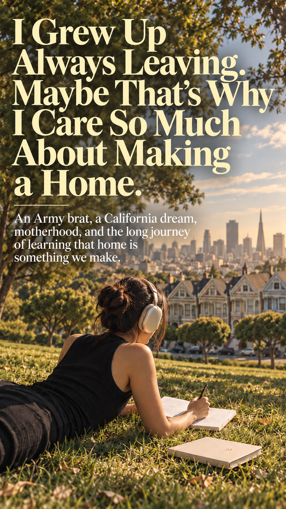 Woman writing in a San Francisco park for an essay about growing up as an Army brat